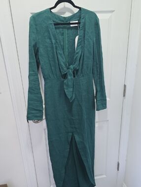 Rumor Tie-Front Long Sleeve Midi Dress in Teal Green